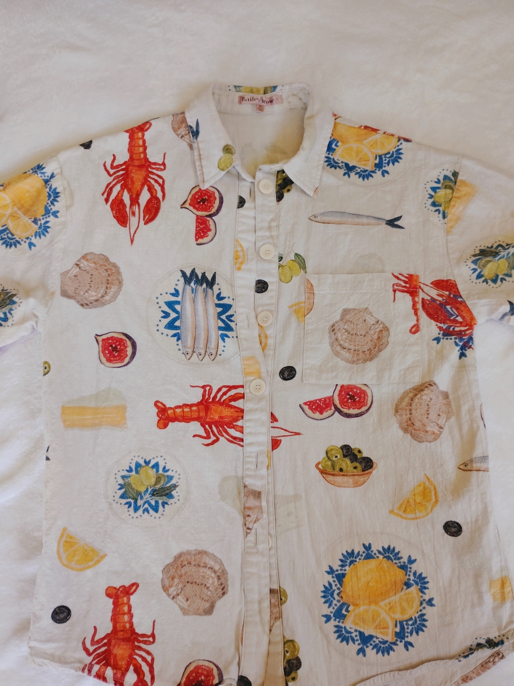 Bailey Rose Bon Appetit Mediterranean Lobster Lemon Button Up Shirt, XS, Coastal
